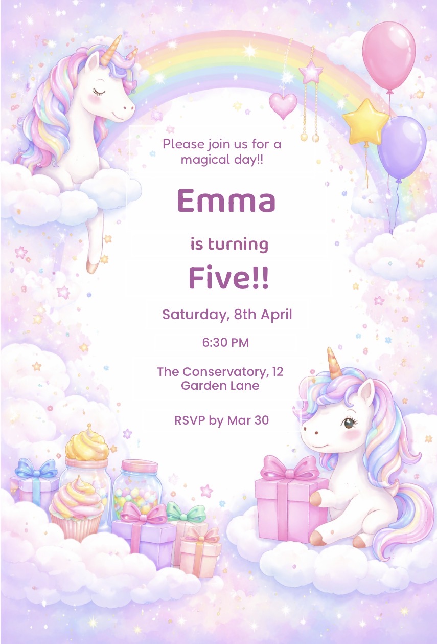 Unicorn invitation template preview